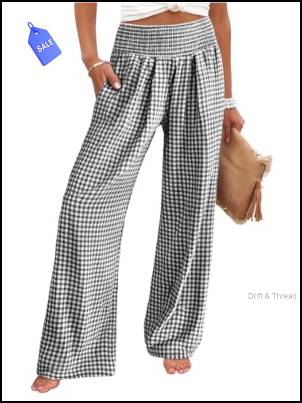 Wide Leg Palazzo Pants Smocked Waist Plaid Stripe 100% Rayon